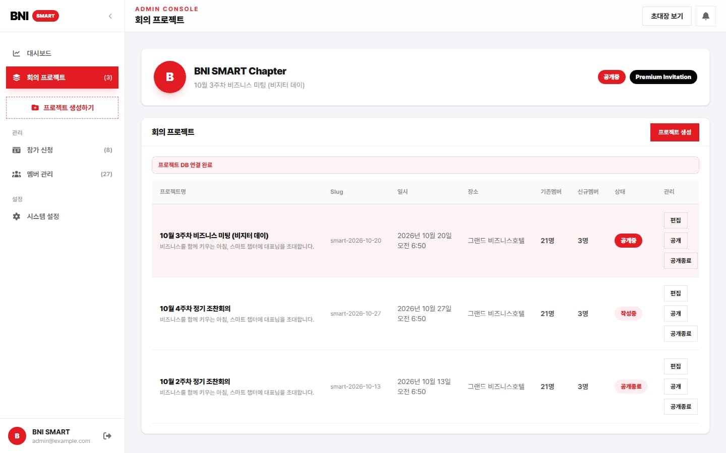 회의 프로젝트 목록과 공개 상태 관리