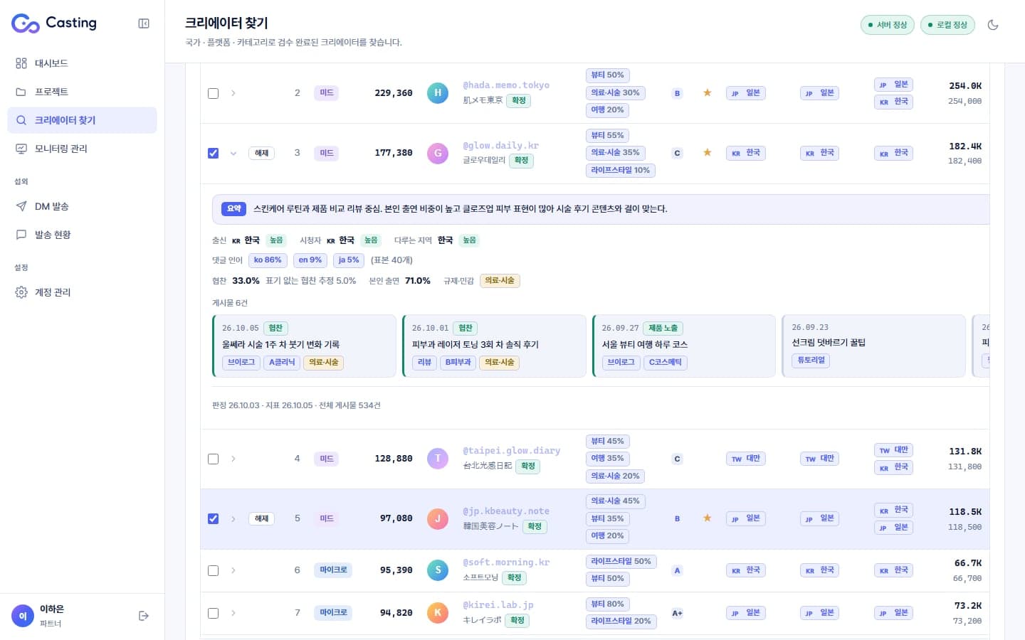 AI 계정 평가 요약 — 국가 판정 신뢰도, 댓글 언어, 협찬 · 규제 태그, 최근 게시물