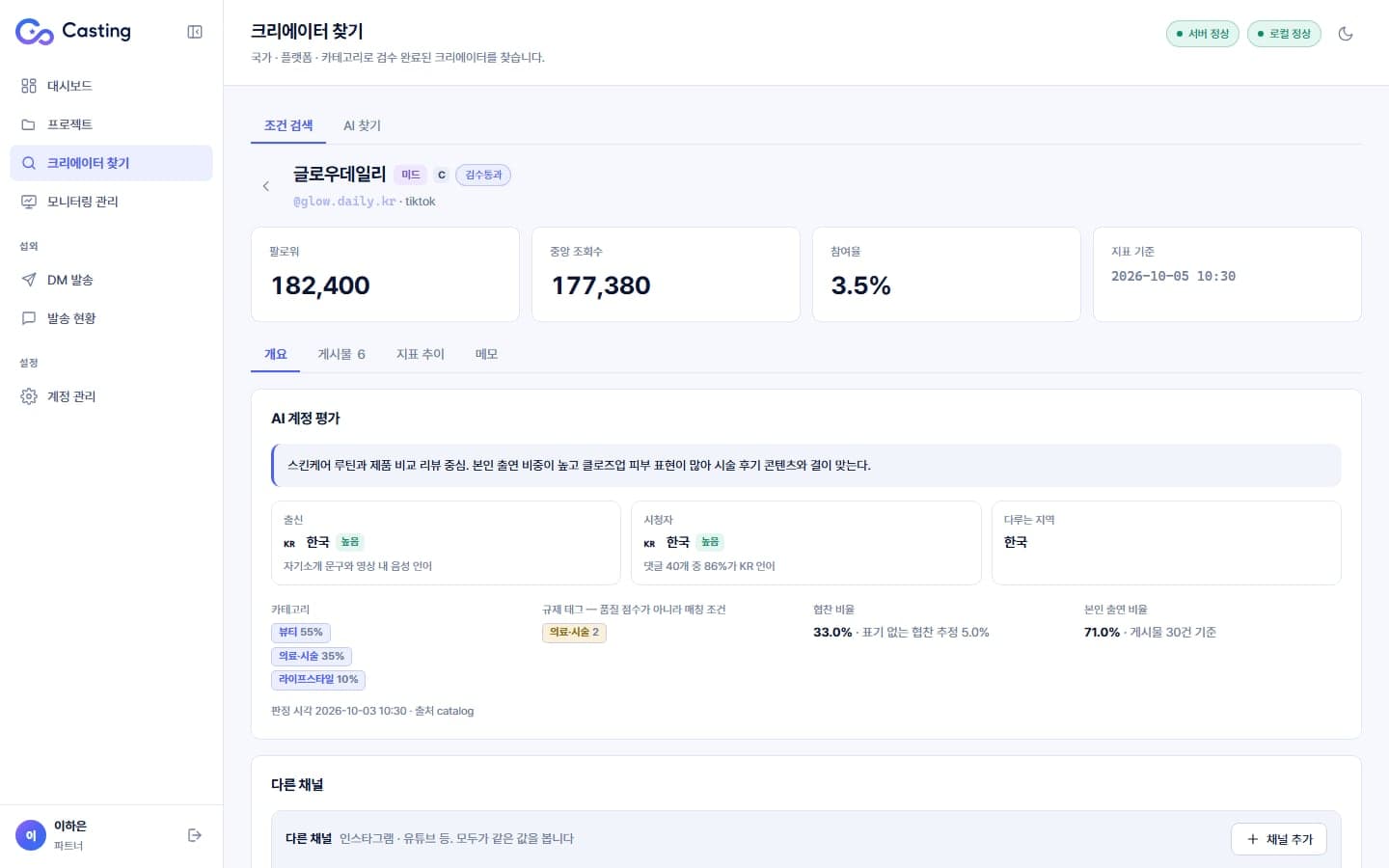 크리에이터 상세 — 핵심 지표와 AI 계정 평가