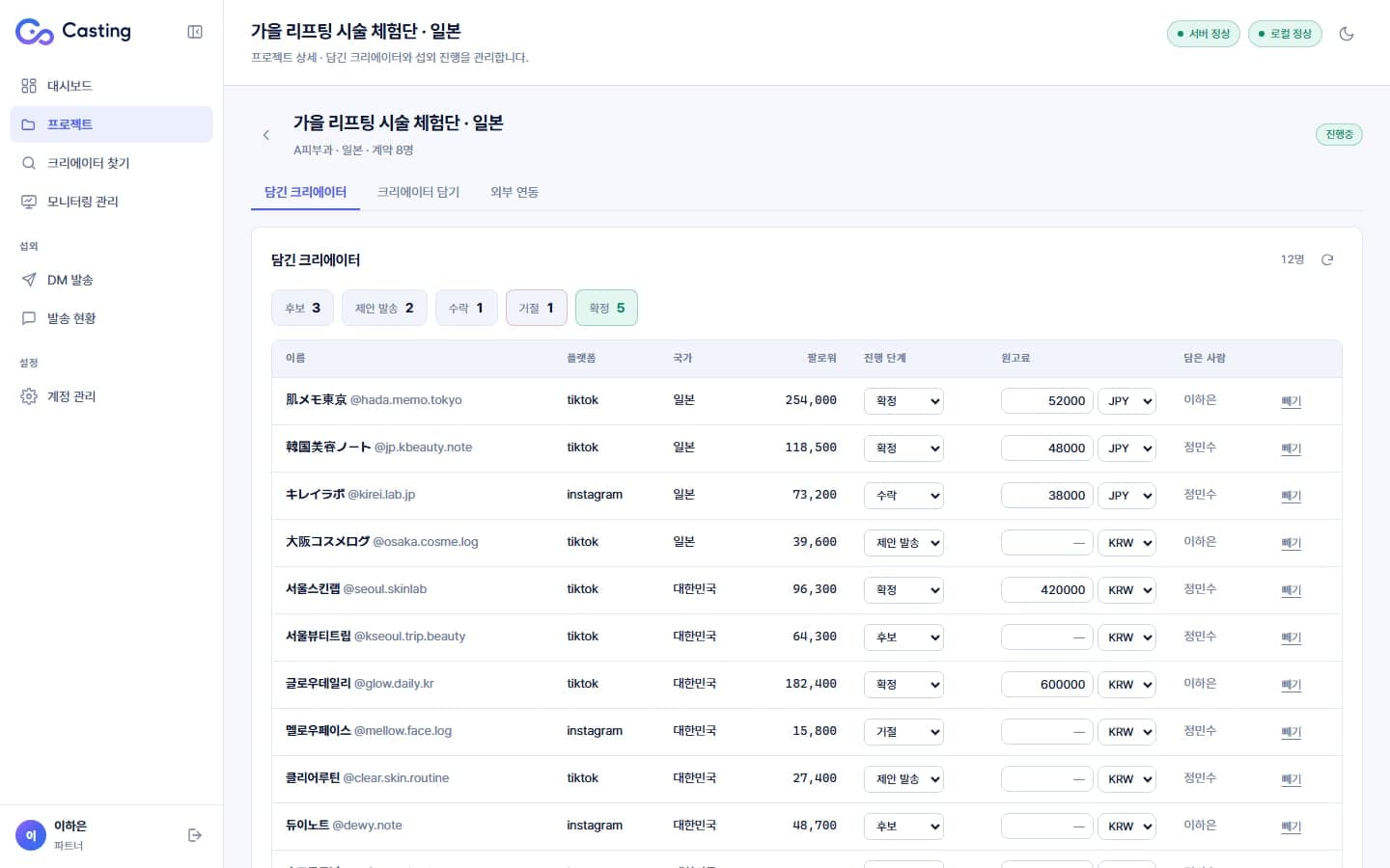 프로젝트 상세 — 섭외 단계와 합의 원고료