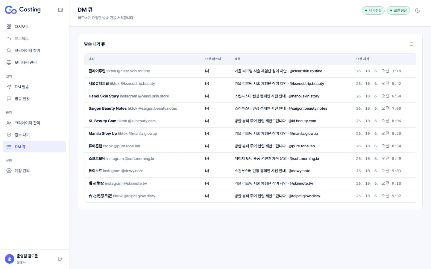 운영자 DM 큐 — 파트너가 요청한 발송 대기 건