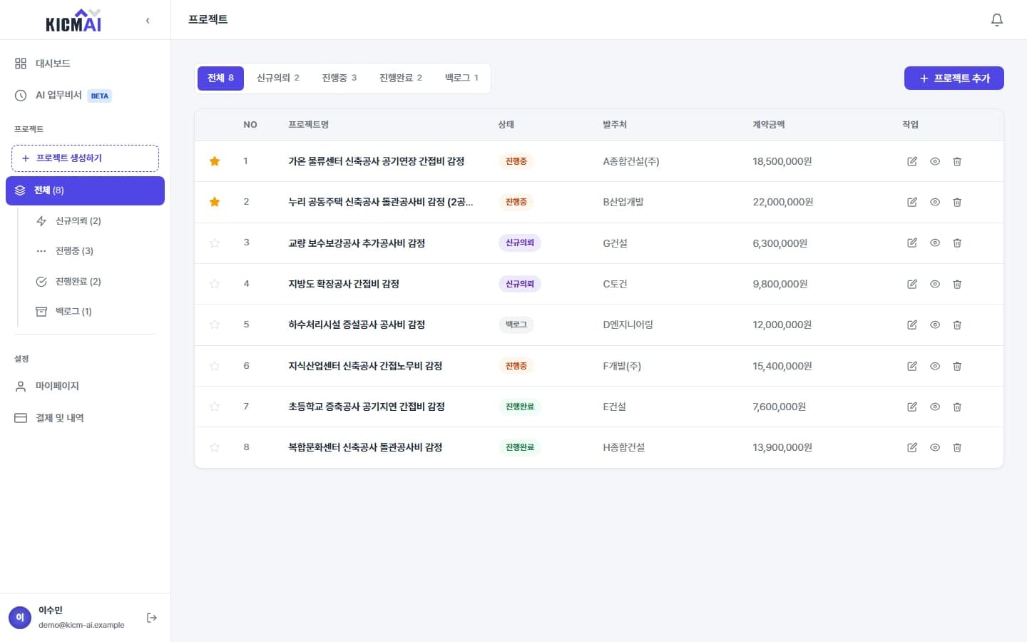 프로젝트 관리 — 처리 상태별 프로젝트 목록