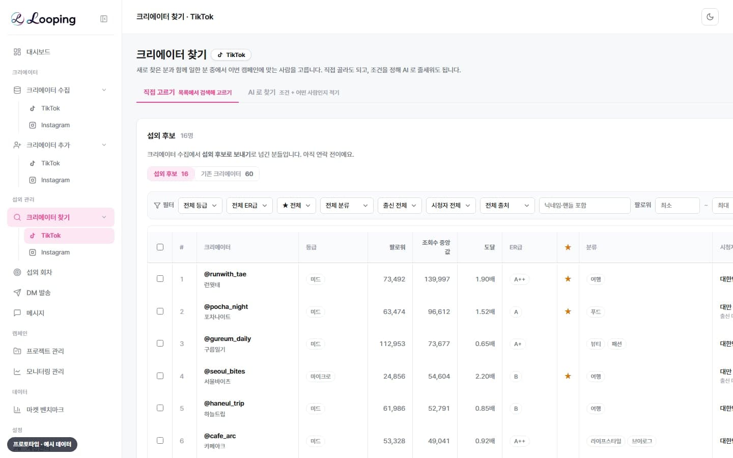 크리에이터 찾기 — 조회수 중앙값 · 등급 기준으로 섭외 후보 고르기
